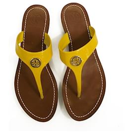 Tory Burch-Tory Burch Yellow Leather Gold Tone Logo Emblem Flats Thong Flip Flop Sandals 8-Yellow