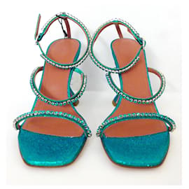 Amina Muaddi-Amina Muaddi Gilda Mini Glitter Mermaid Crystal-Embellished Sandals-Turquoise