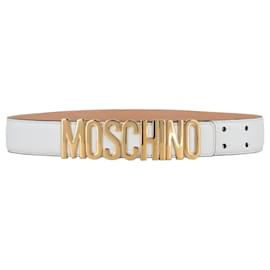 Moschino-Cintura in pelle con placca logo Moschino-Bianco