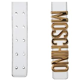 Moschino-Cintura in pelle con placca logo Moschino-Bianco