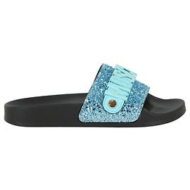 Diapositive con logo Moschino con scritte in glitter Blu