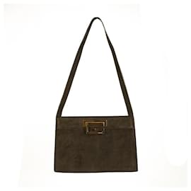 Gucci-GUCCI vintage brown suede leather small handbag with gold tone large G lock-Brown