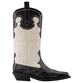 Ganni-Mid Shaft Embroidered Western Boots in Black Leather-Black