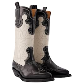 Ganni-Mid Shaft Embroidered Western Boots in Black Leather-Black