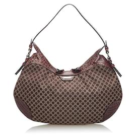 Céline-Embossed Leather Trimmed Macadam Shoulder Bag-Brown