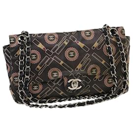Chanel-CHANEL Lip Chain Turn Lock Shoulder Bag Satin Black CC Auth 30892-Black