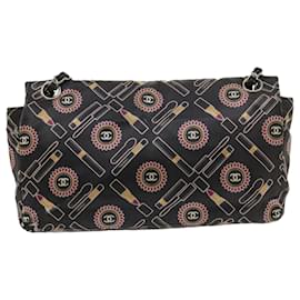 Chanel-CHANEL Lip Chain Turn Lock Shoulder Bag Satin Black CC Auth 30892-Black