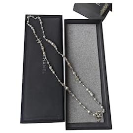 Chanel-CC A16B Logo long Gray pearl crystal necklace with box-Grey