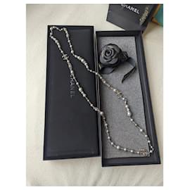 Chanel-CC A16B Logo long Gray pearl crystal necklace with box-Grey