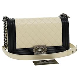 Chanel-CHANEL Matelasse Boy Chanel Chain Shoulder Bag Lamb Skin White Black Auth 30944a-Black,White