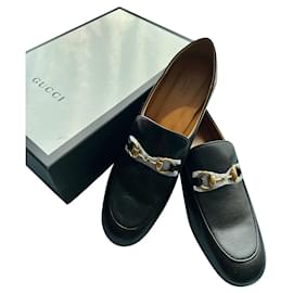 Gucci-Gucci Black Leather Horsebit Quentin Slip On Loafers Size 40.5-Black,Gold hardware