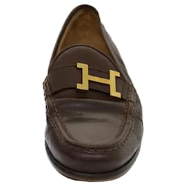 Hermès-HERMES loafers Leather Brown Auth kk134-Brown