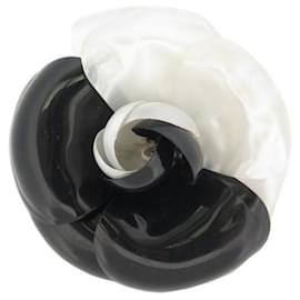 Chanel-VINTAGE CHANEL CAMELIA FLOWER BROOCH CANVAS AND PATENT LEATHER TWO-TONE BROOCH-Other
