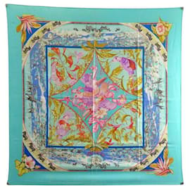 Hermès-HERMES TROPICAL SCARF LAURENCE BOURTHOUMIEUX CARRE 90 BLUE SILK SCARF-Blue