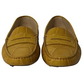 Tod's-Tod's Croc Embossed Driving Shoes in Yellow Leather-Yellow