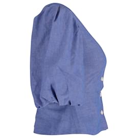 Sandro-Sandro Mayan Puffed Sleeve Shirred Top in Blue Cotton -Blue