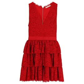 Alice + Olivia-Alice + Olivia Spitzen-Minikleid mit V-Ausschnitt aus rotem Nylon-Rot
