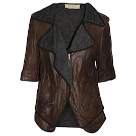 Marni-Marni Two-Tone Oversized Lapel Quilted Jacket in Brown Sheepskin Leather-Brown