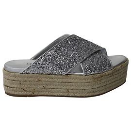 Sandali Miu Miu Glitter Criss Cross Strap Platform Espadrillas in Pelle Argento Argento