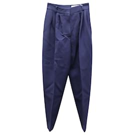 Alexander Mcqueen-Alexander McQueen Pleated Crepe Tapered Pants in Navy Blue Wool-Blue,Navy blue
