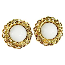 Chanel-CHANEL Faux Gemstone and Chain Link Disc Clip-On Earrings-Golden