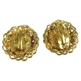 Chanel-CHANEL Pendientes de clip con disco de cadena y piedras preciosas de imitación-Dorado
