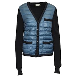 Moncler-Moncler Knit Sleeve Quilted Down Panel Cardigan Jacket in Navy Polyamide-Azul,Azul marino