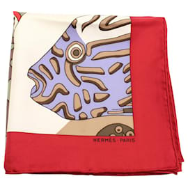 Hermès-Hermes Grands Fonds Printed Scarf in Red and White Silk-Red