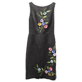 Anna Sui Vintage Robe fourreau florale brodée en lin noir Noir