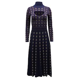Temperley London-Temperley London Night Cutout Metallic Intarsia Midi Dress in Navy Wool-Navy blue