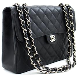 Chanel-CHANEL Classic Large 11" Chain Shoulder Bag Schwarz Genarbtes Kalbsleder-Schwarz
