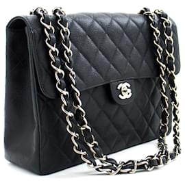 Chanel-CHANEL Classique Grand 11" Sac Bandoulière Chaîne Cuir de veau grainé Noir-Noir