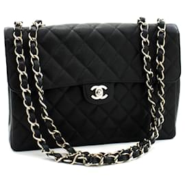 Chanel-CHANEL Classic Large 11" Chain Shoulder Bag Black Grained calf leather-Black