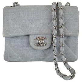 Chanel-Chanel square mini blue cotton silver hardware-Light blue