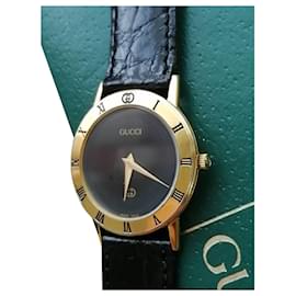 Gucci-Montre originale Gucci 3000 J montre-bracelet en cuir-Noir,Bijouterie dorée