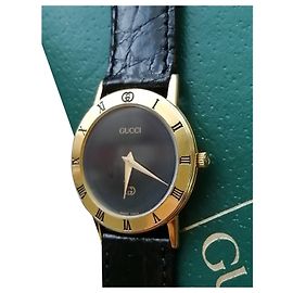 Originaluhr Gucci 3000 J Armbanduhr Leder Schwarz Gold hardware