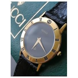 Gucci-reloj original gucci 3000 J reloj de pulsera de cuero-Negro,Gold hardware