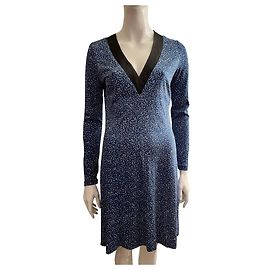 Diane Von Furstenberg Vestido de seda azul branco e preto DvF com mangas compridas decote em V Preto Branco Azul
