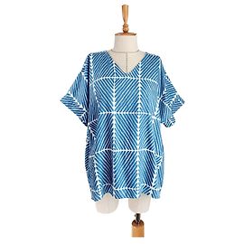Marimekko x Uniqlo Jeansbluse mit V-Ausschnitt Hellblau Weiß Blau