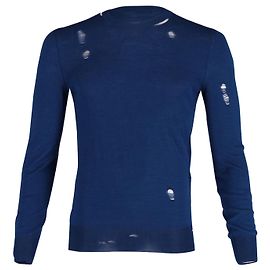 Alexander McQueen Ripped Rundhalspullover aus blauer Wolle Blau