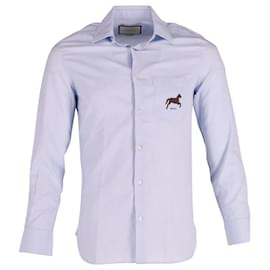 Gucci-Gucci Horse Logo Long Sleeve Button Front Shirt in Light Blue Cotton-Blue,Light blue