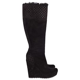 Gucci Fur Trim Wedge Platform Boots in Black Suede  Black