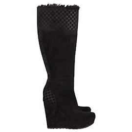 Gucci-Gucci Fur Trim Wedge Platform Boots in Black Suede -Black