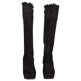 Gucci-Gucci Fur Trim Wedge Platform Boots in Black Suede -Black