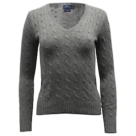 Ralph Lauren-Ralph Lauren Strick-Sweatshirt mit V-Ausschnitt aus grauem Kaschmir-Grau