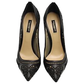 Dolce & Gabbana-Dolce und Gabbana Lasercut Lace Heels aus schwarzem Leder-Schwarz