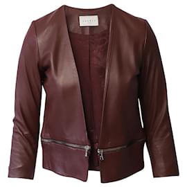 Sandro-Sandro Paris Zipper Trim Jacket in Burgundy Leather-Dark red