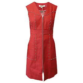 Diane Von Furstenberg-Diane von Furstenberg Zip-Front Studded Sheath Dress in Red Cotton-Red