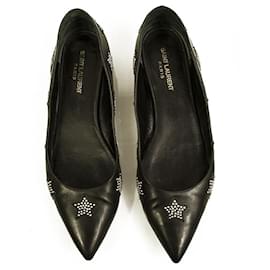 Saint Laurent-Saint Laurent Black Leather Stars Studded Pointed Toe Shoes Ballet Flats 40-Black