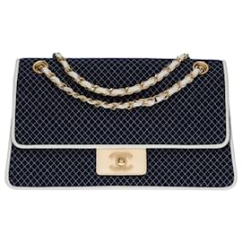 Chanel-Sublime and rare Chanel Timeless/Classique handbag in navy blue jersey with white diamond stitching and beige patent leather, matte gold metal trim-Navy blue